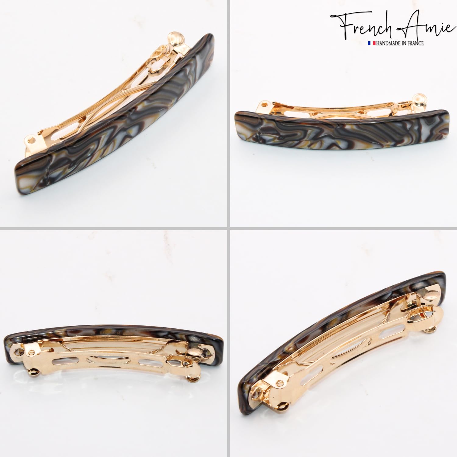 Gold and tortoiseshell hair clip on a white background with 'French Amie' branding.