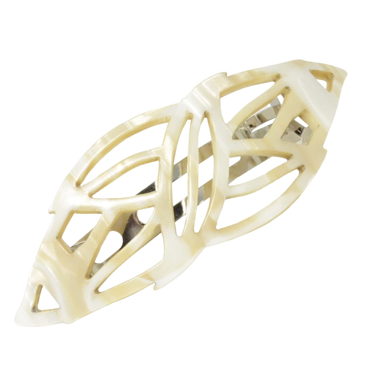 A large handmade hair clip barrette with a leaf pattern and a smetal clasp.