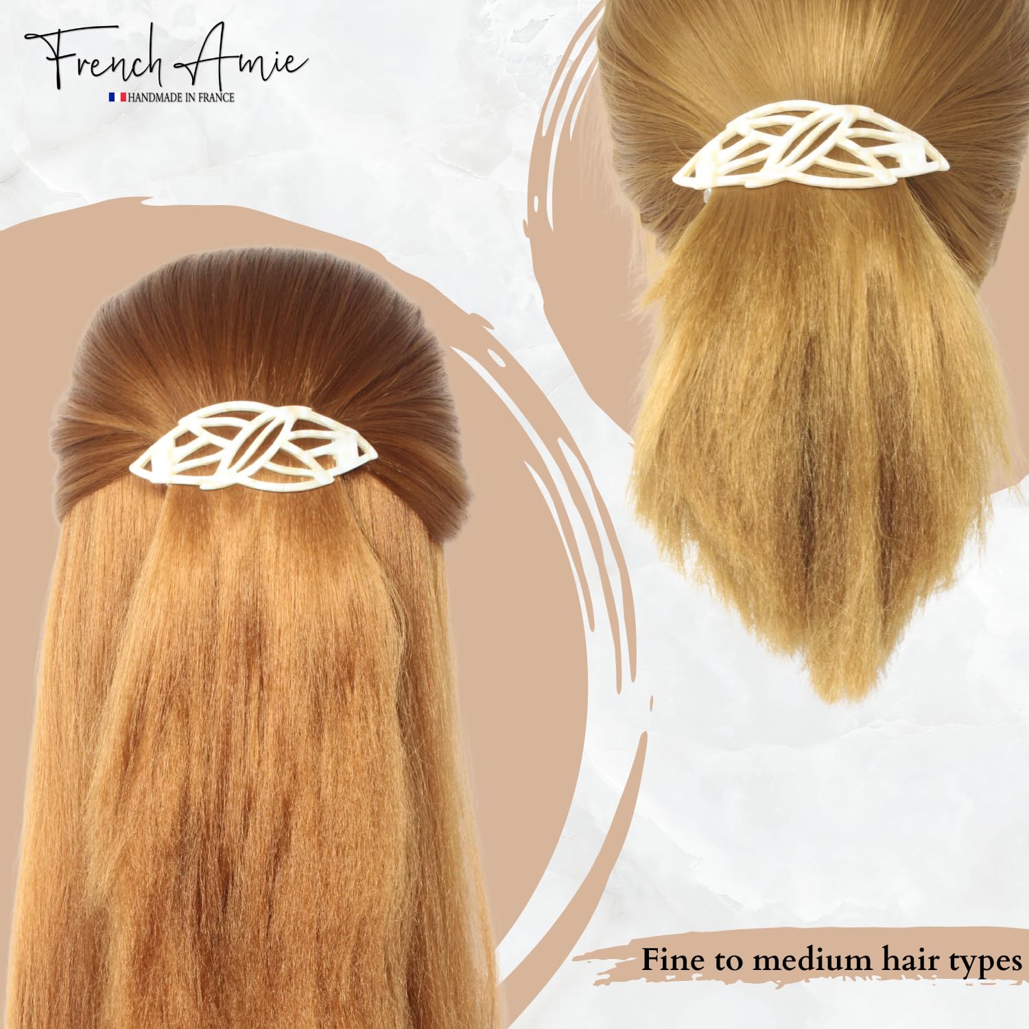 Hair accessories with intricate designs on hair, branded 'French Amie', suitable for fine to medium hair types.