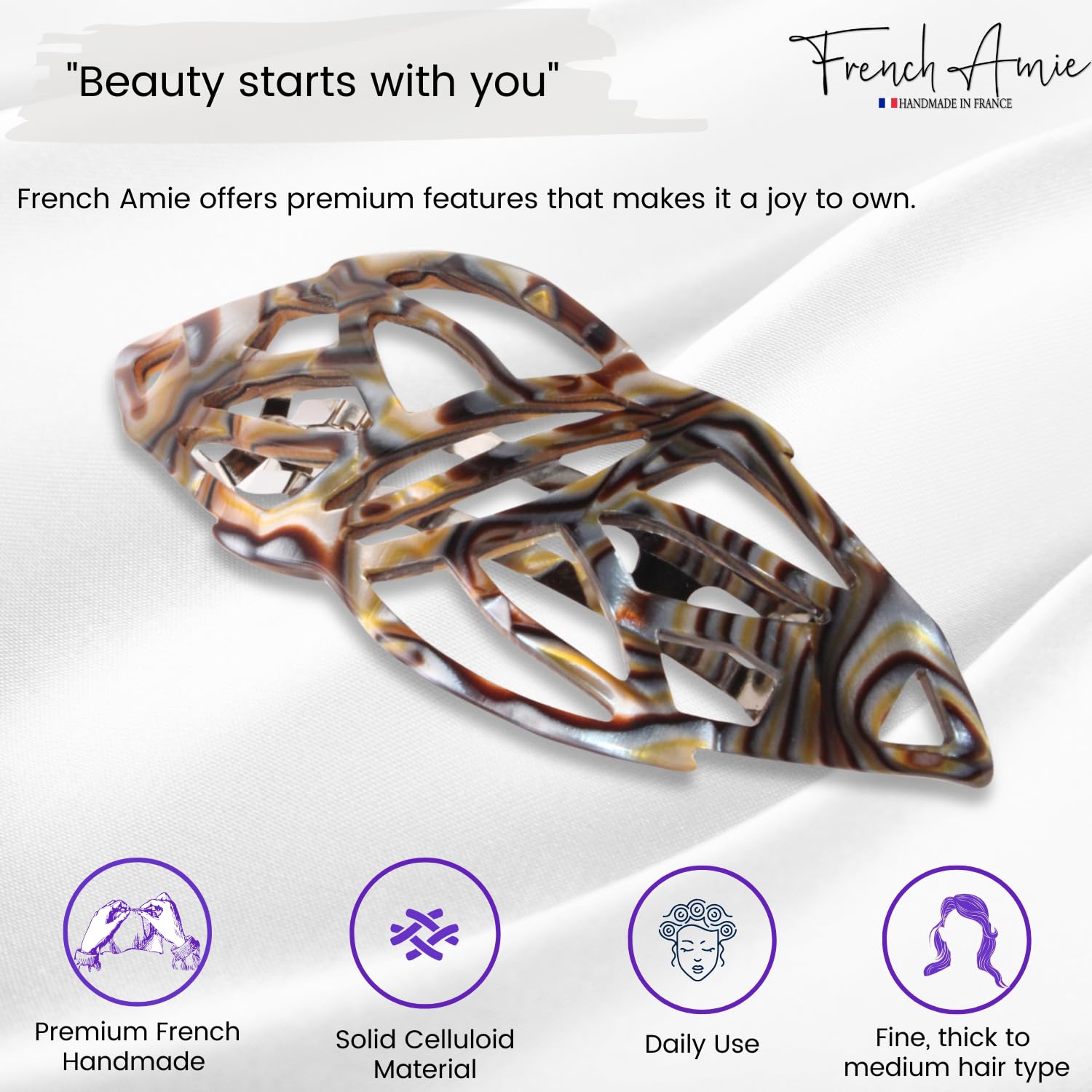 hair barette with 'French Amie' branding and product features on a white background.