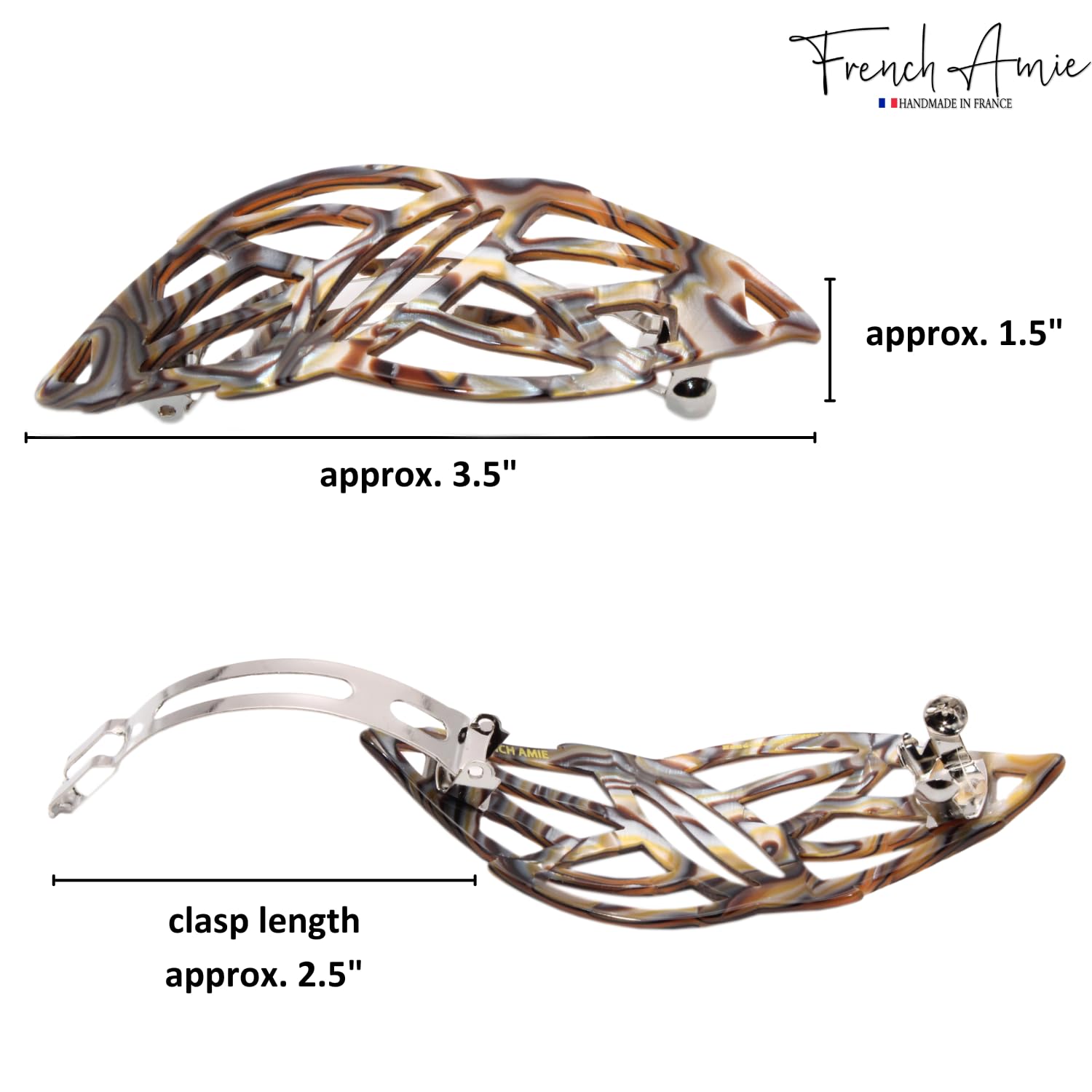Hair clip with measurements on a white background, featuring the brand 'French Amie'.