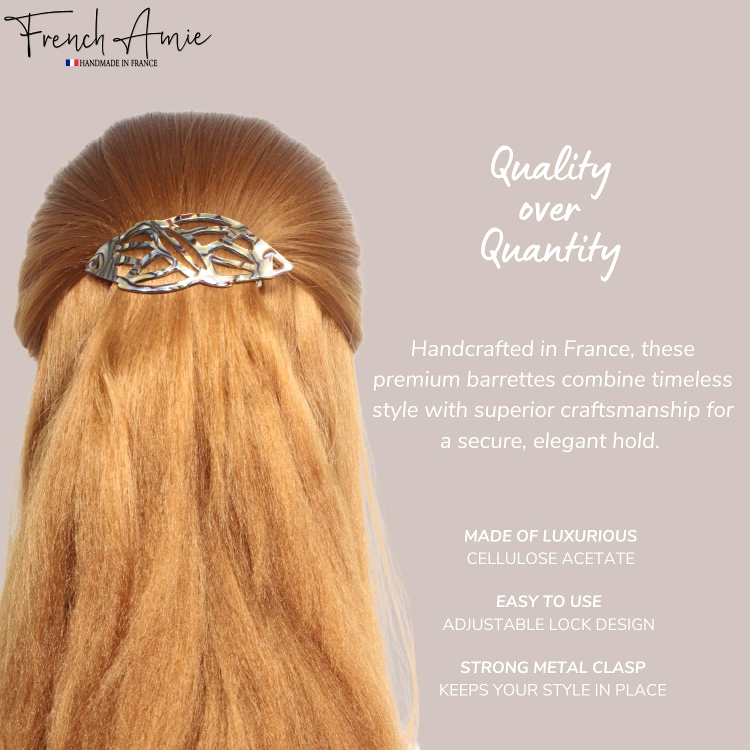 Hair barrette in blonde hair with 'French Amie' branding and product features on a light gray background.