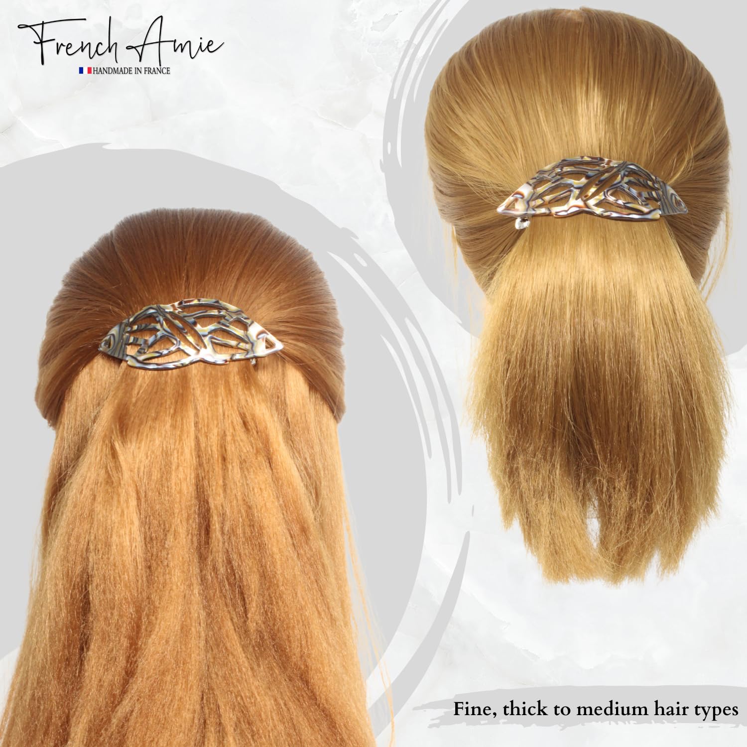 hair clip on blonde hair with 'French Amie' branding.