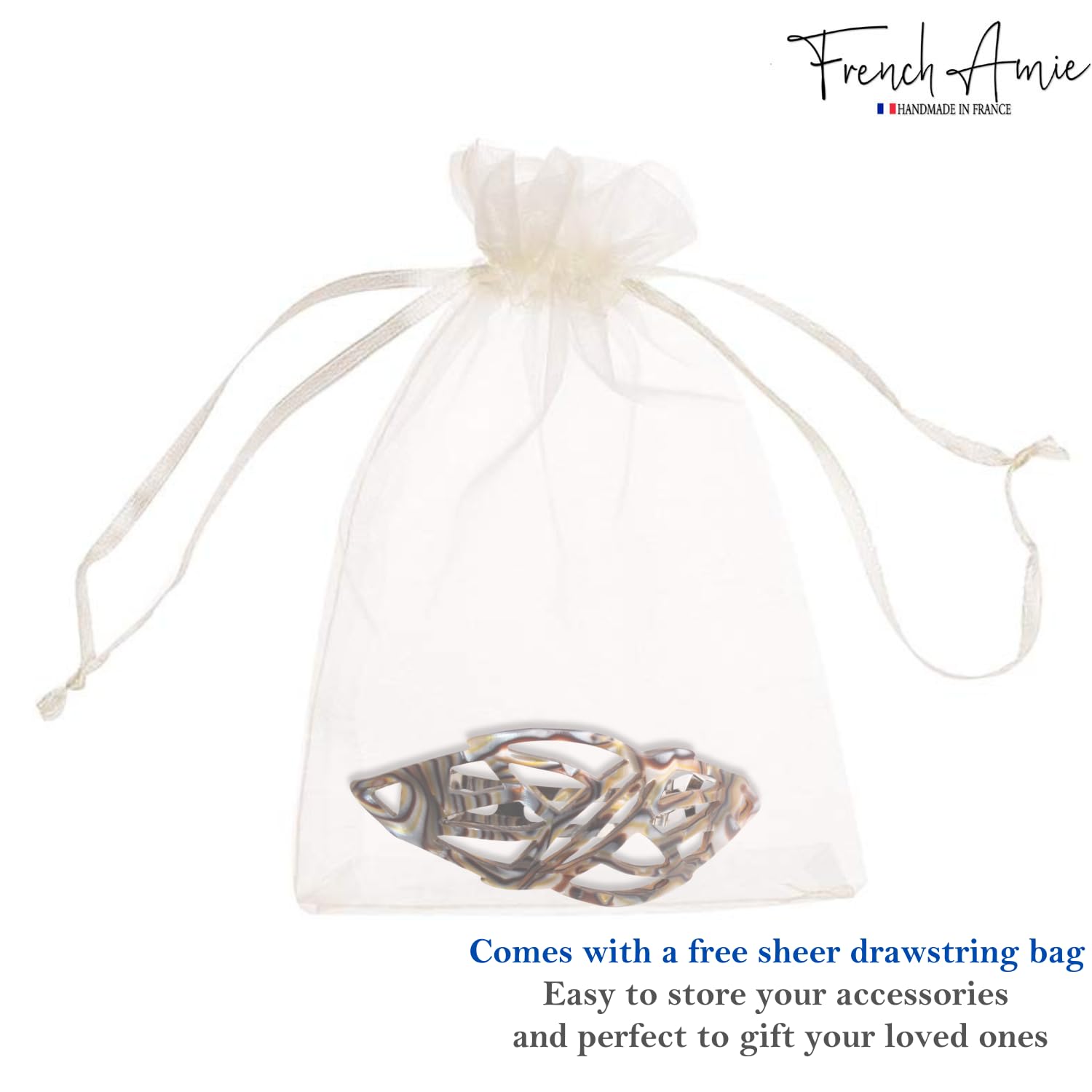 Hair barrette in a free sheer drawstring bag with 'French Amie' branding.