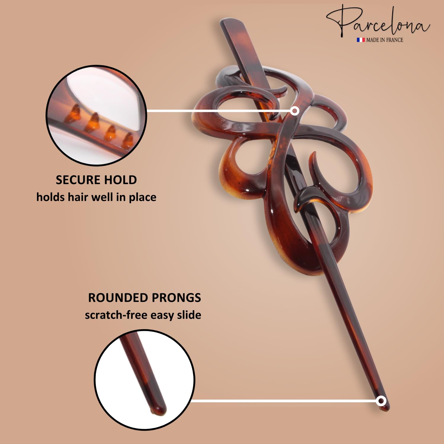 Tortoiseshell hair pin with rounded prongs on a beige background, featuring 'Parcelona' branding.