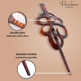 Tortoiseshell hair pin with rounded prongs on a beige background, featuring 'Parcelona' branding.