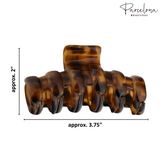Brown tortoiseshell hair clip with dimensions on a white background, featuring the 'Parcelona' brand.