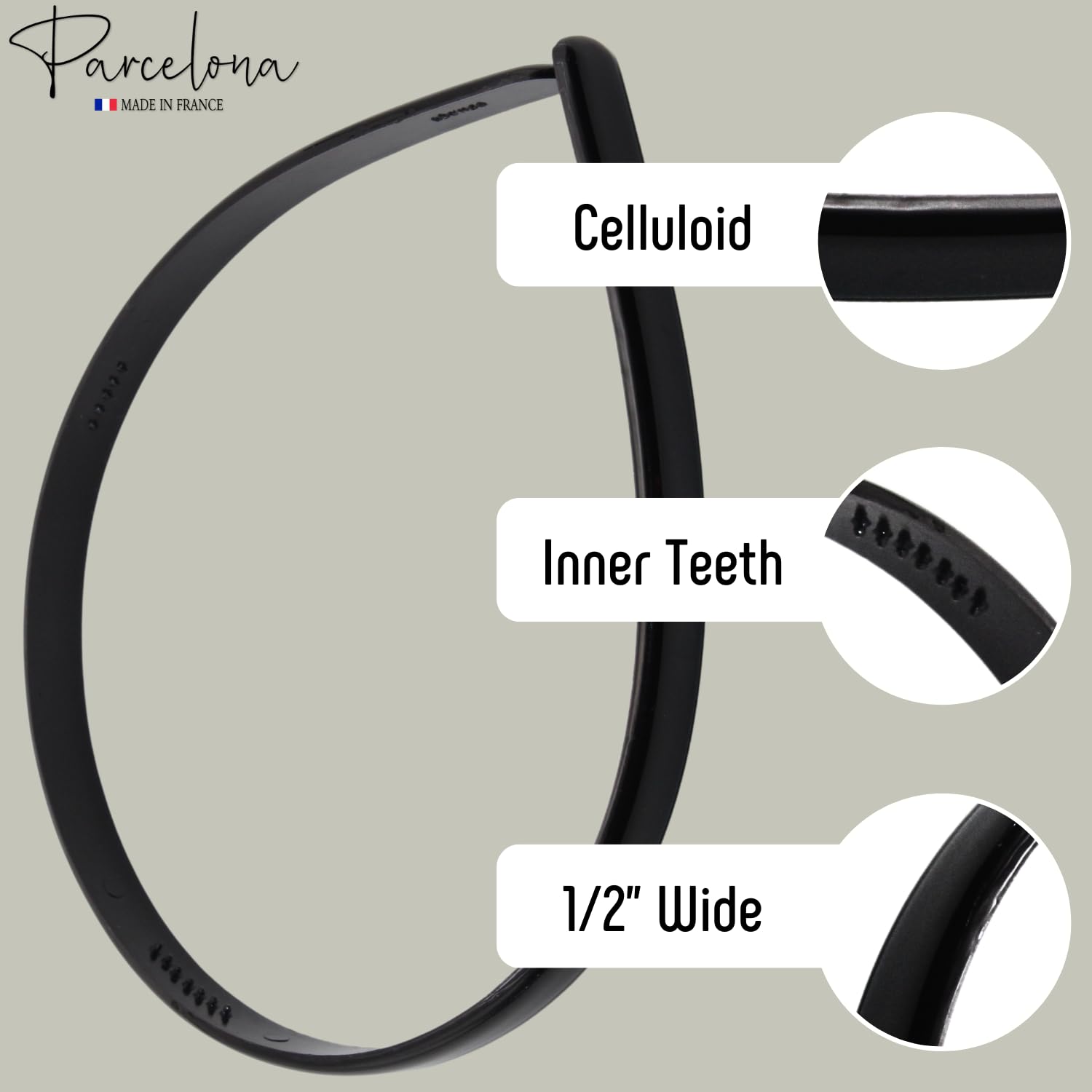 Black headband with labelled features on a beige background