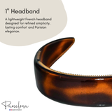 Brown headband with text describing its features on a white background