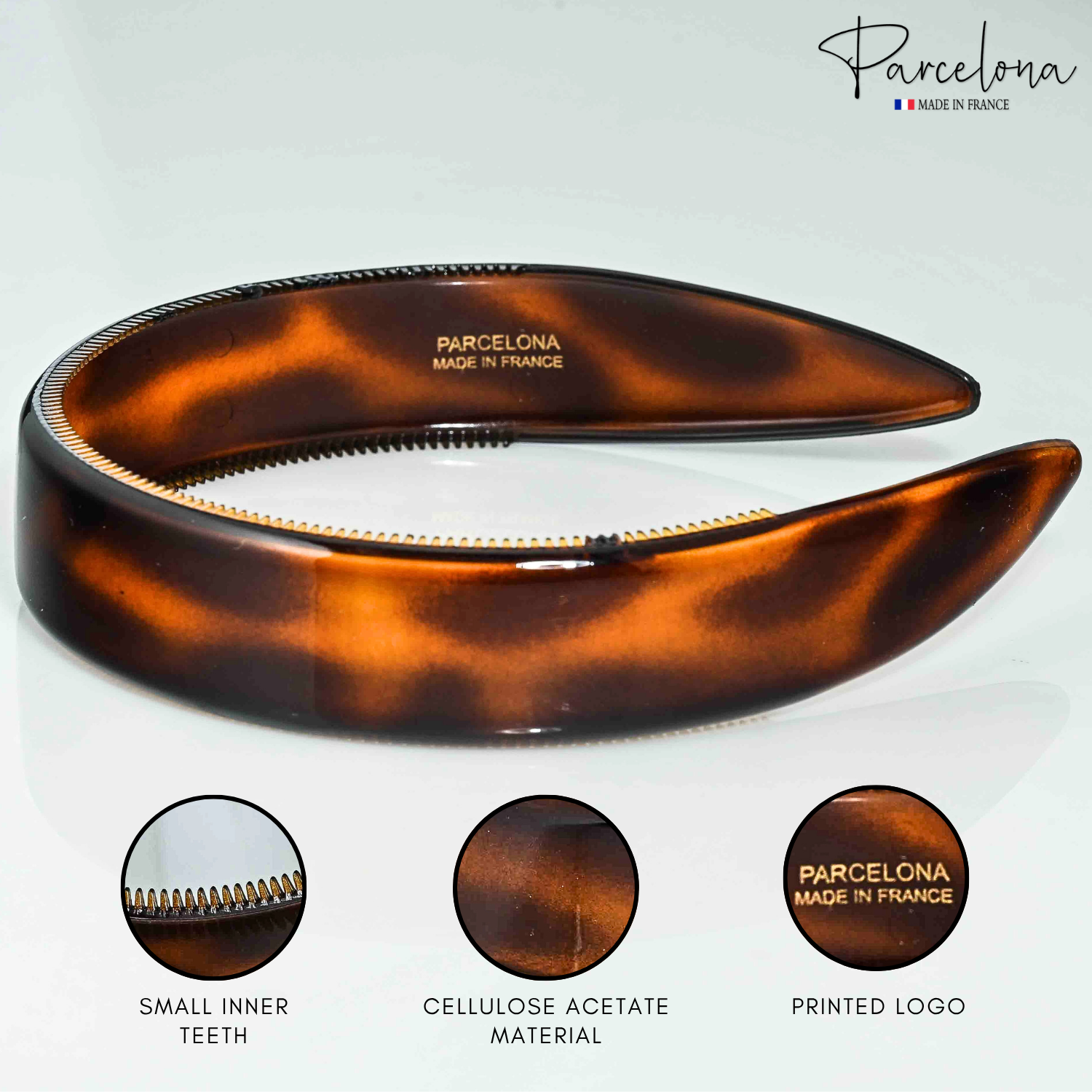 Parcelona Tortoiseshell headband showing inner teeth for a secure fit and a printed logo for brand recognition
