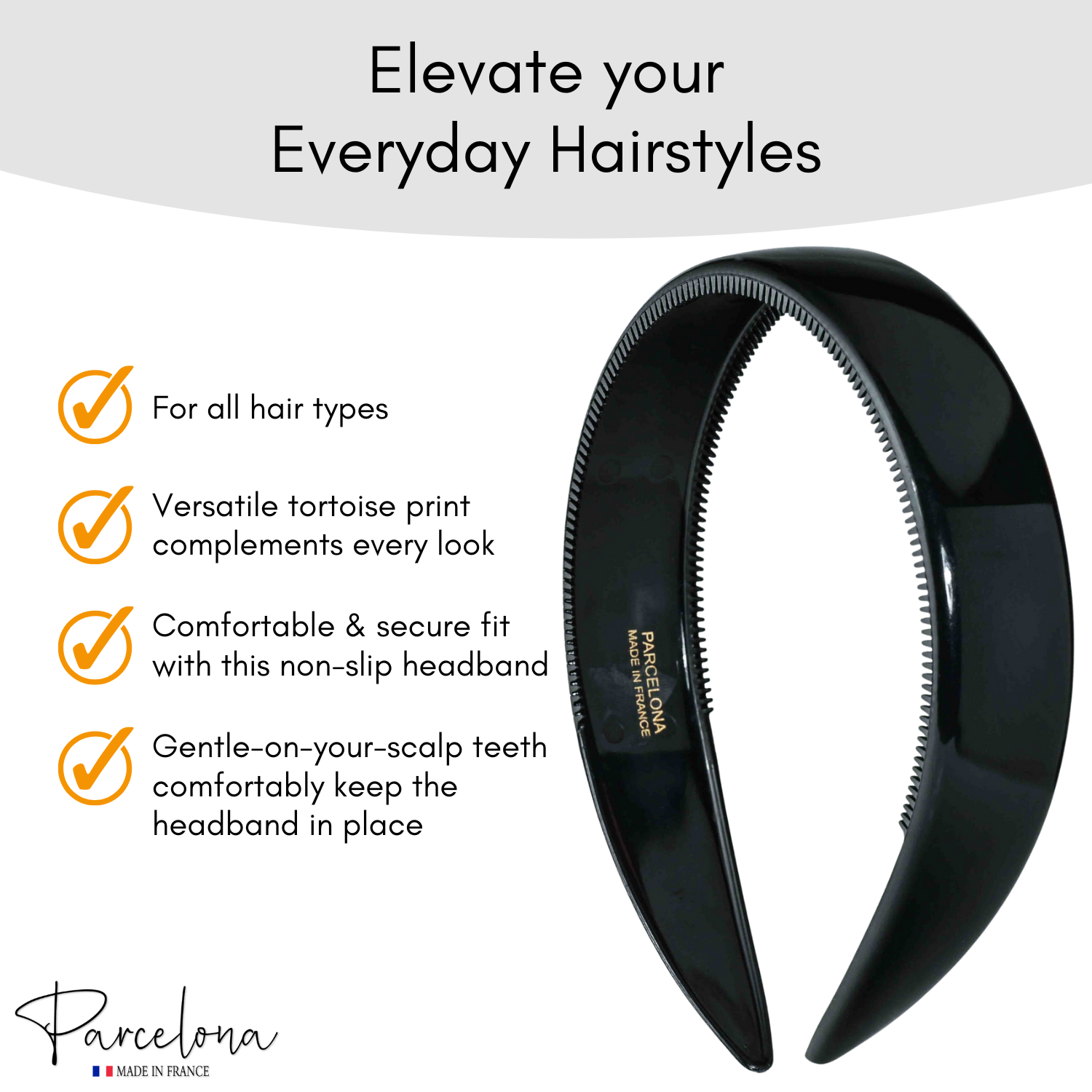 Parcelona black headband with non-slip teeth, perfect for elevating your everyday hairstyles