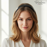 Model wearing Parcelona black cellulose acetate 1-inch headband, perfect for everyday style