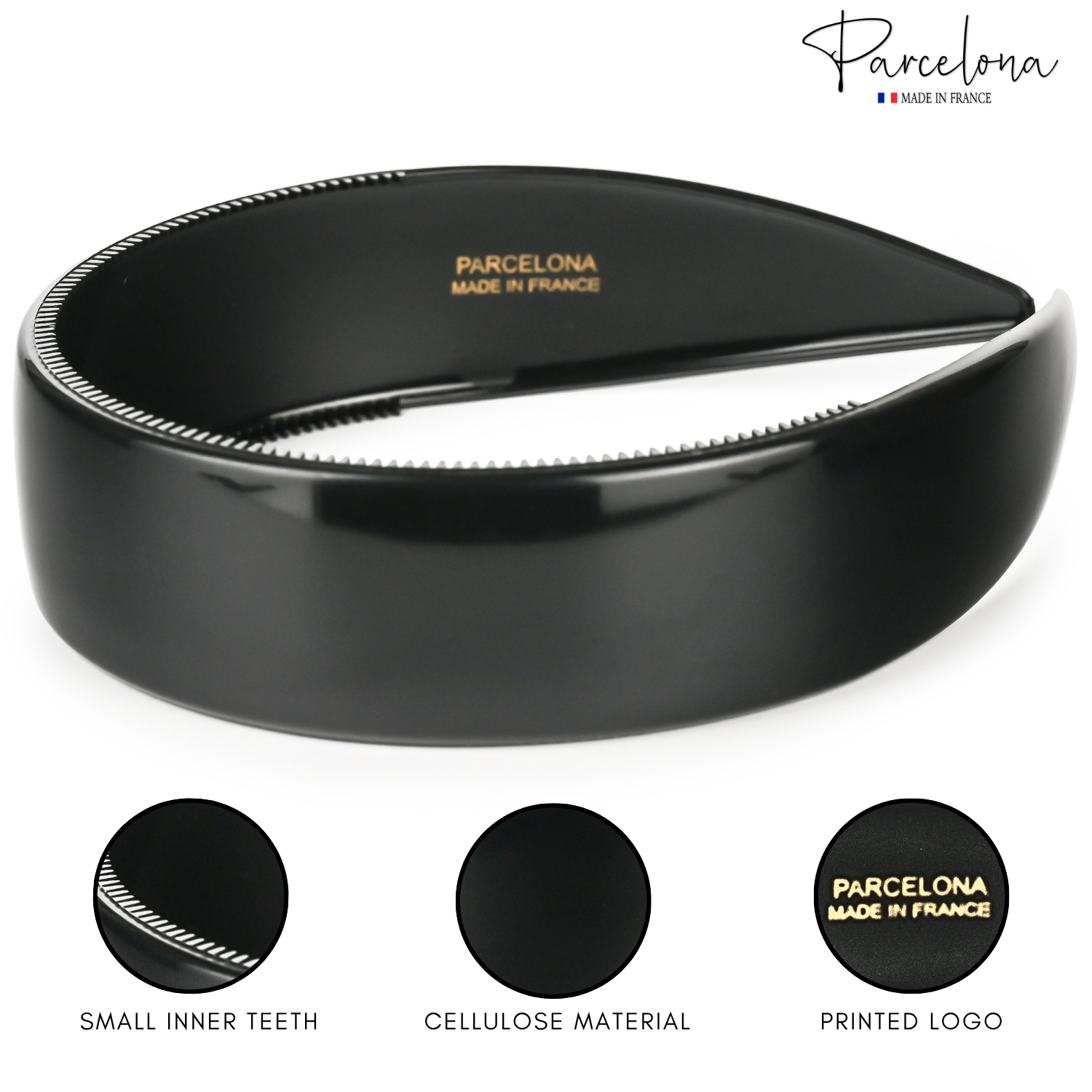 Black hair headband with 'Parcelona' branding on a white background
