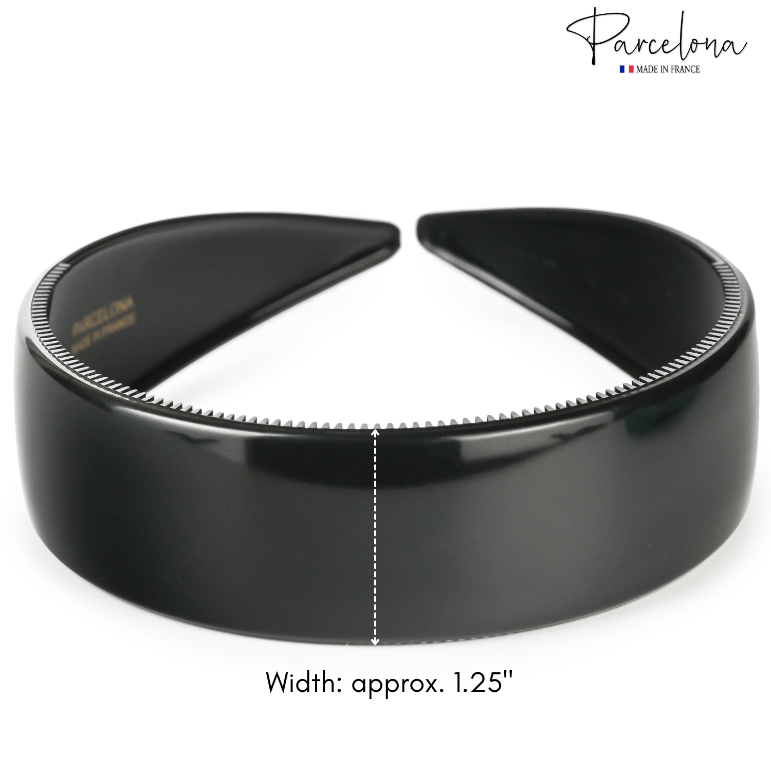 Black headband with measurement details on a white background, featuring the 'Parcelona' brand.