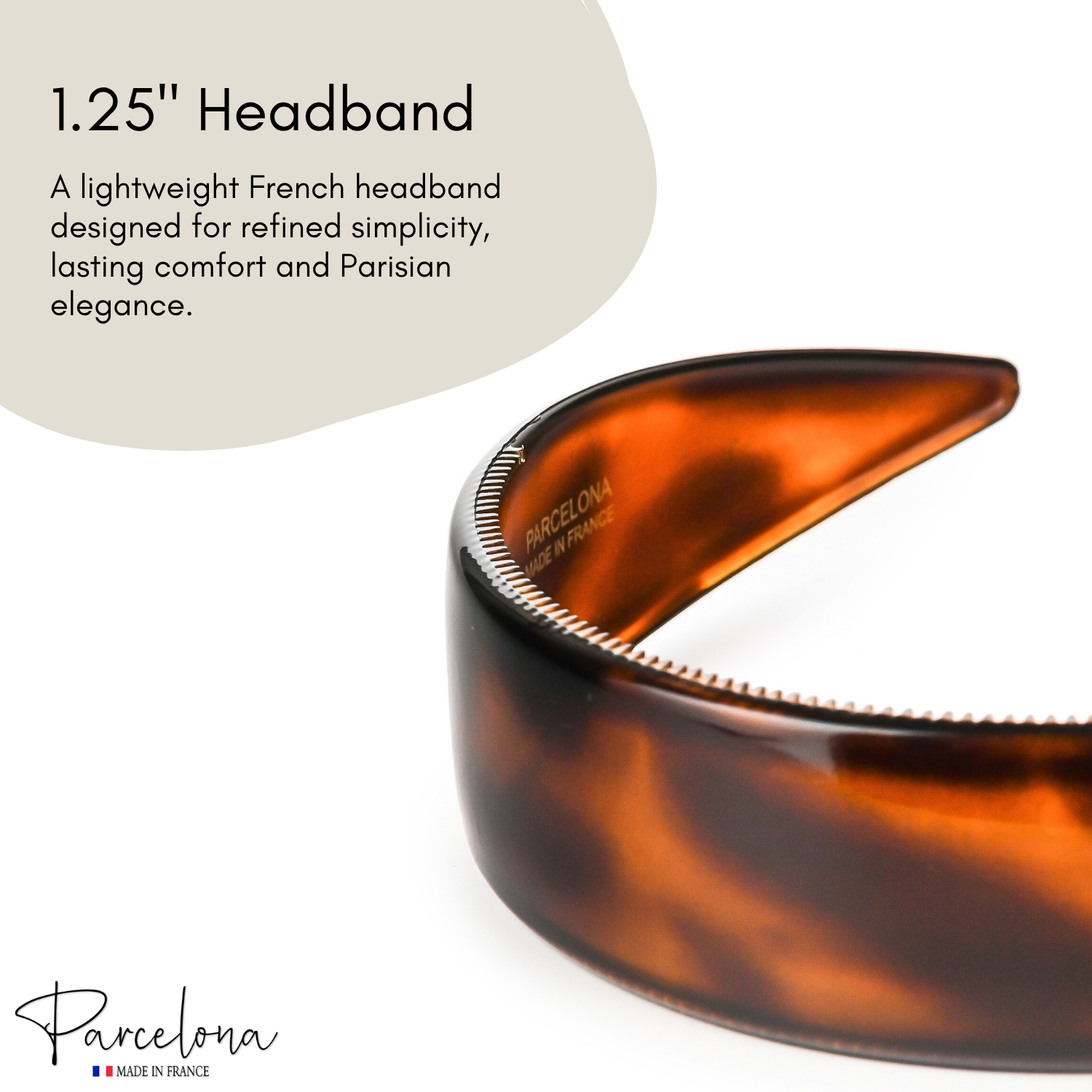 Brown tortoiseshell headband with text on a white background