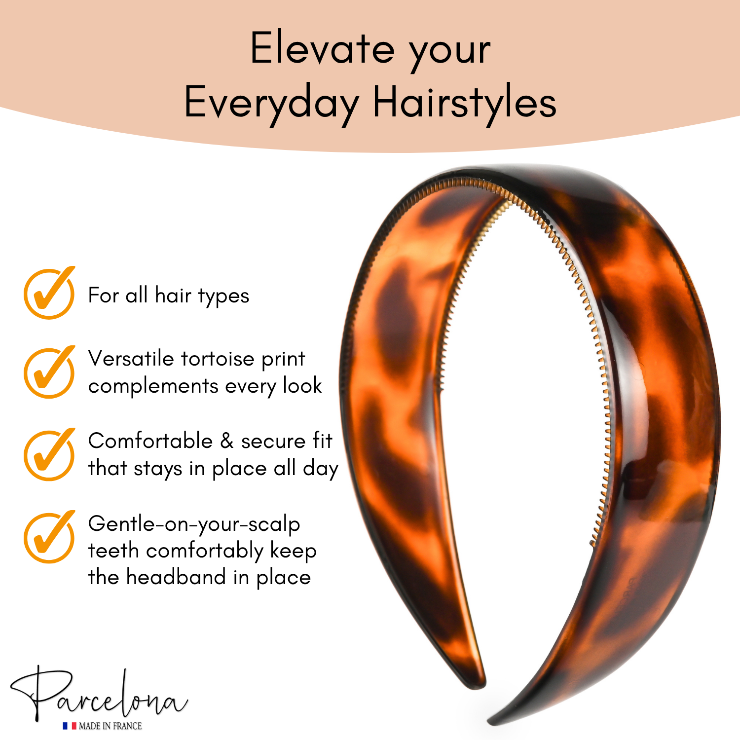 Tortoiseshell headband with product features and Parcelona branding on a white background