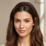 Model wearing Parcelona brown cellulose acetate 1-inch headband, perfect for everyday style