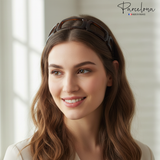 Woman wearing Parcelona tortoise open-geometric acetate headband