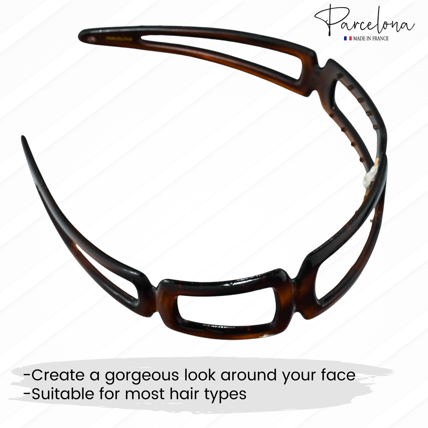 Open-geometric tortoise acetate headband shown for easy everyday styling