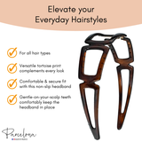 Tortoise open-geometric headband highlighting secure fit and everyday versatility