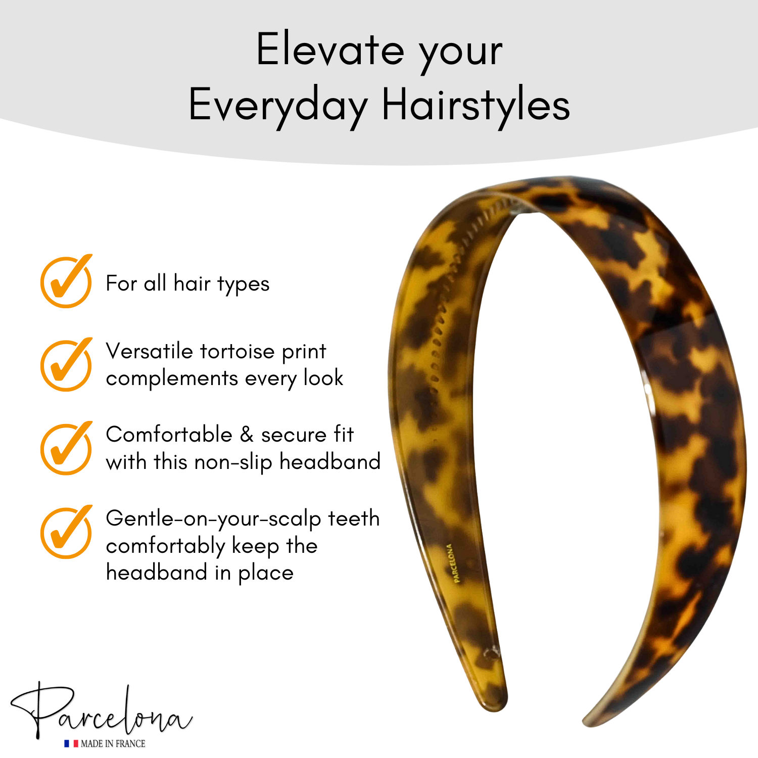 Tortoise acetate headband with checklist text noting hair-type versatility