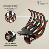 Closeup of interlocking teeth on tortoise shell French claw clip for secure hold