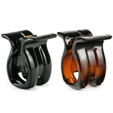 Front view of French mini pinch hair clip in black and tortoise acetate