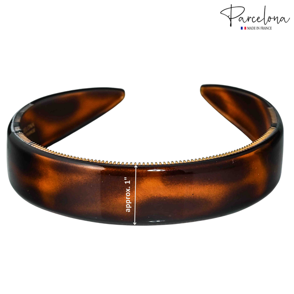 Brown tortoiseshell headband with measurement label on a white background, featuring the 'Parcelona' brand.
