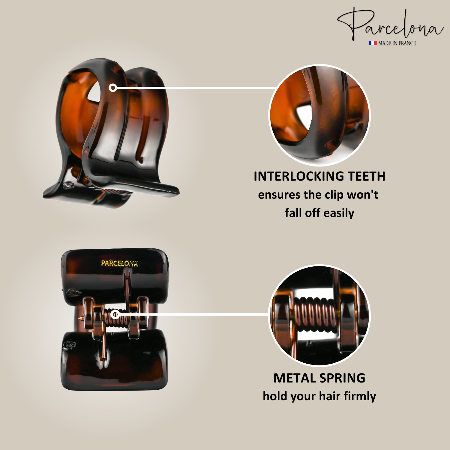 Hair clip with interlocking teeth and metal spring mechanism, featuring Parcelona branding.