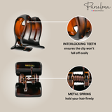 Hair clip with interlocking teeth and metal spring mechanism, featuring Parcelona branding.