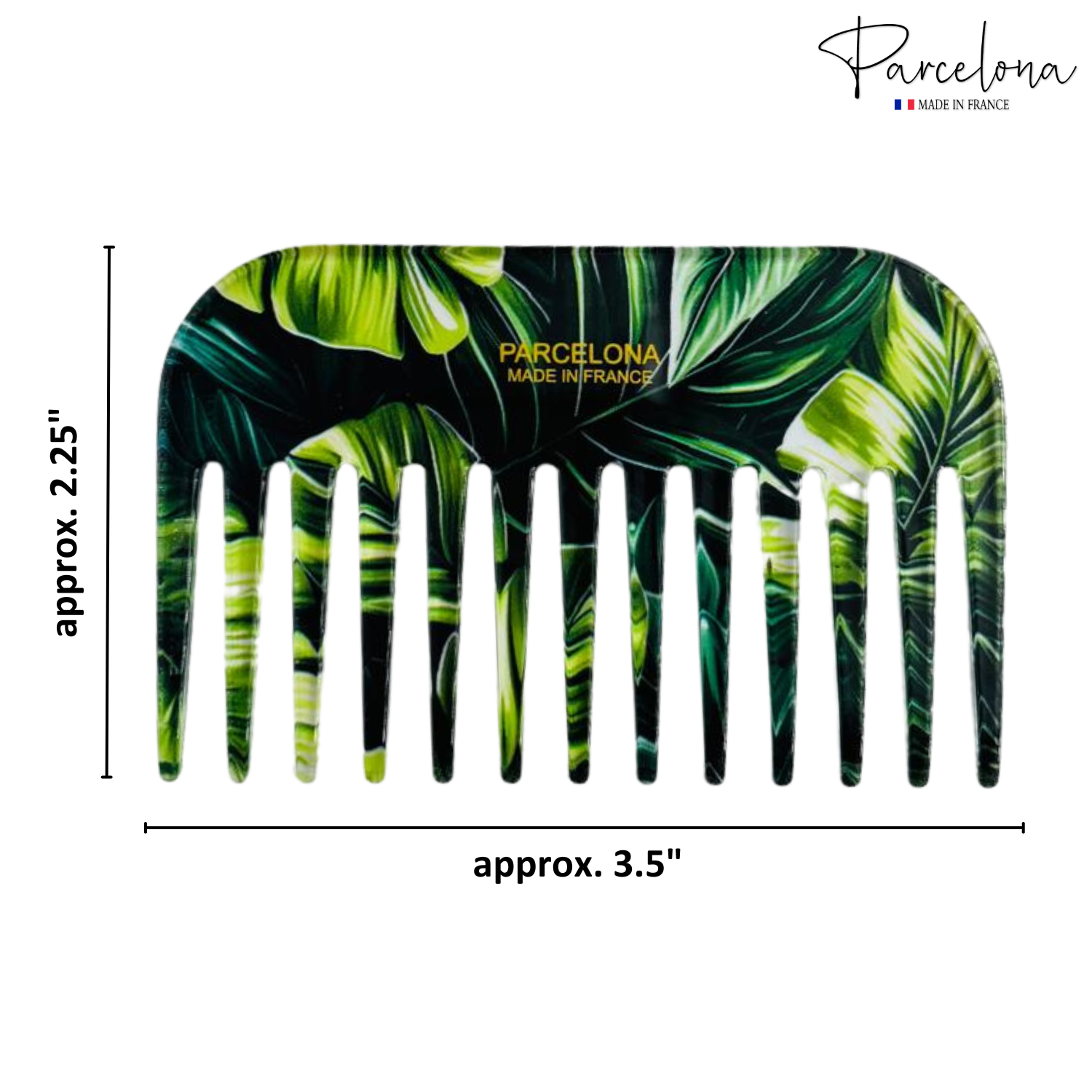Tropical leaf-patterned comb with dimensions and 'Parcelona' branding on a white background