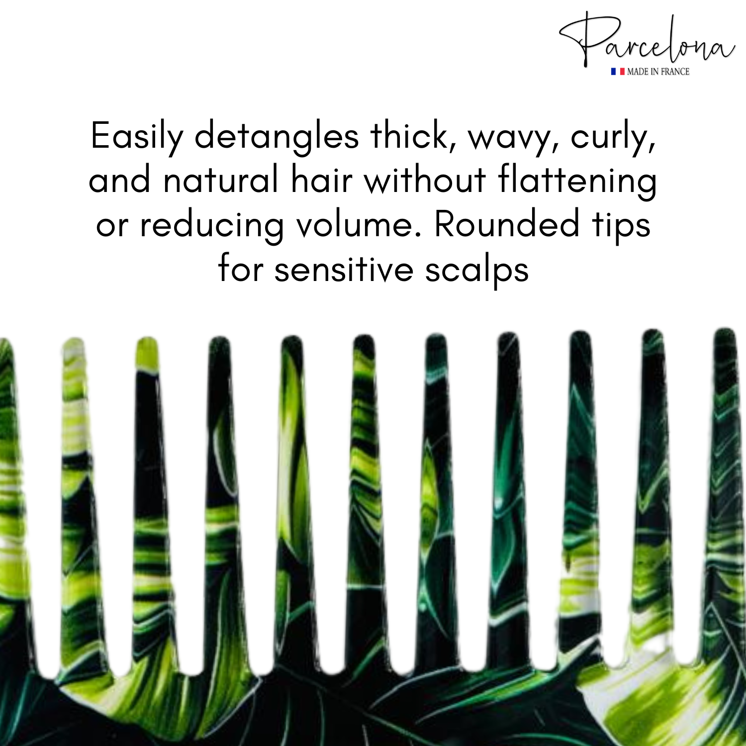 Hair detangling comb with green and black design on a white background, featuring text about its use.