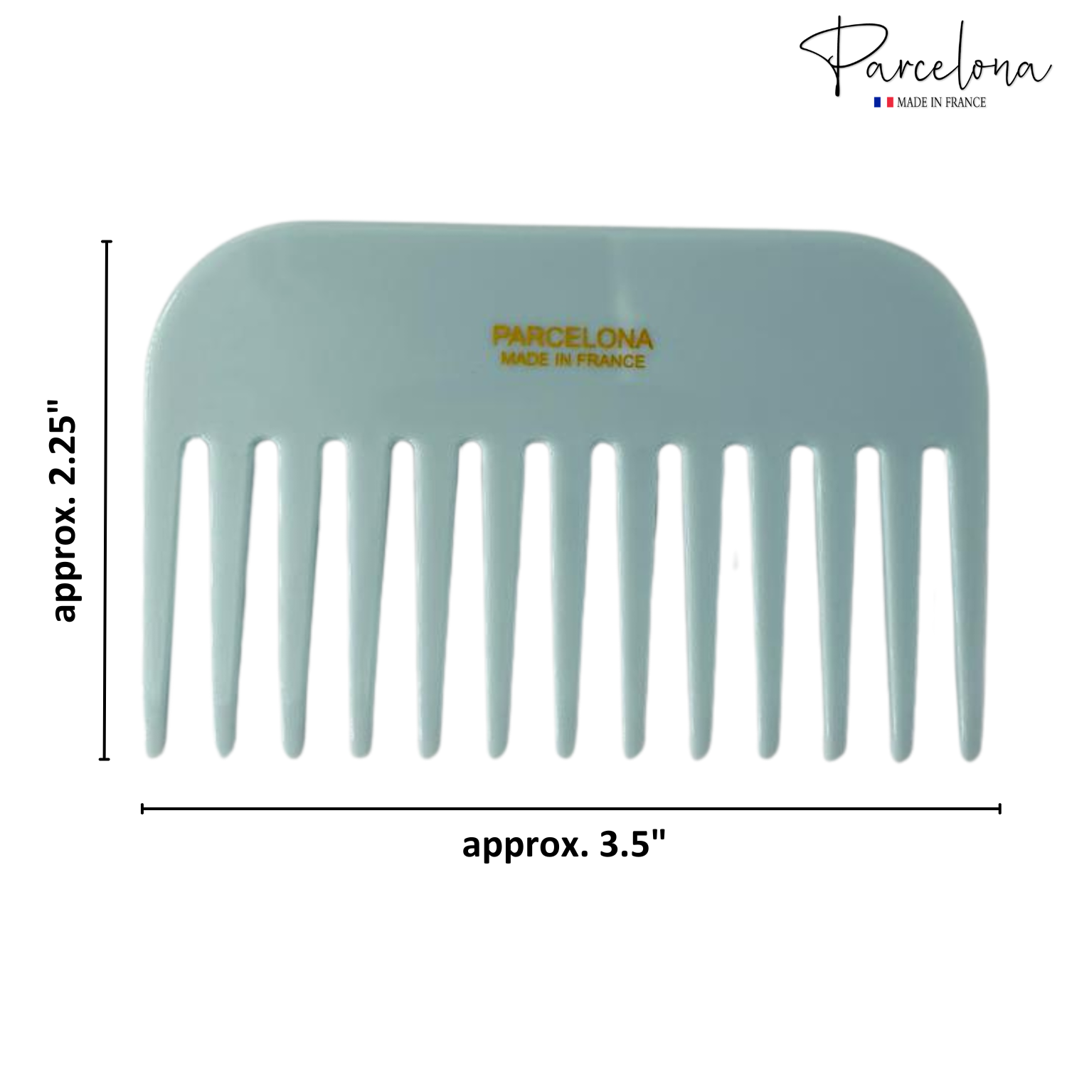 Light blue comb with dimensions and 'Parcelona' branding on a white background