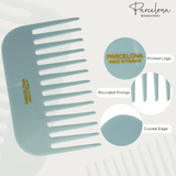 Blue comb with rounded prongs and curved edge, featuring 'Parcelona' branding.