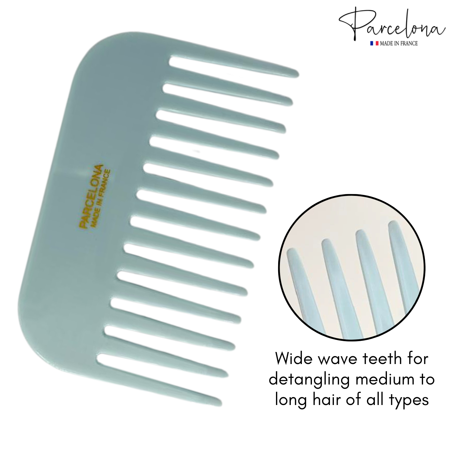 Light blue comb with wide wave teeth, 'Parcelona' branding, and close-up of teeth on a white background.
