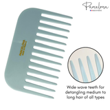 Light blue comb with wide wave teeth, 'Parcelona' branding, and close-up of teeth on a white background.