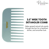 Light blue detangler comb with text on a white background