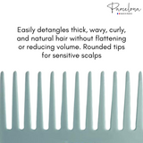 Hair comb with text describing its features on a white background