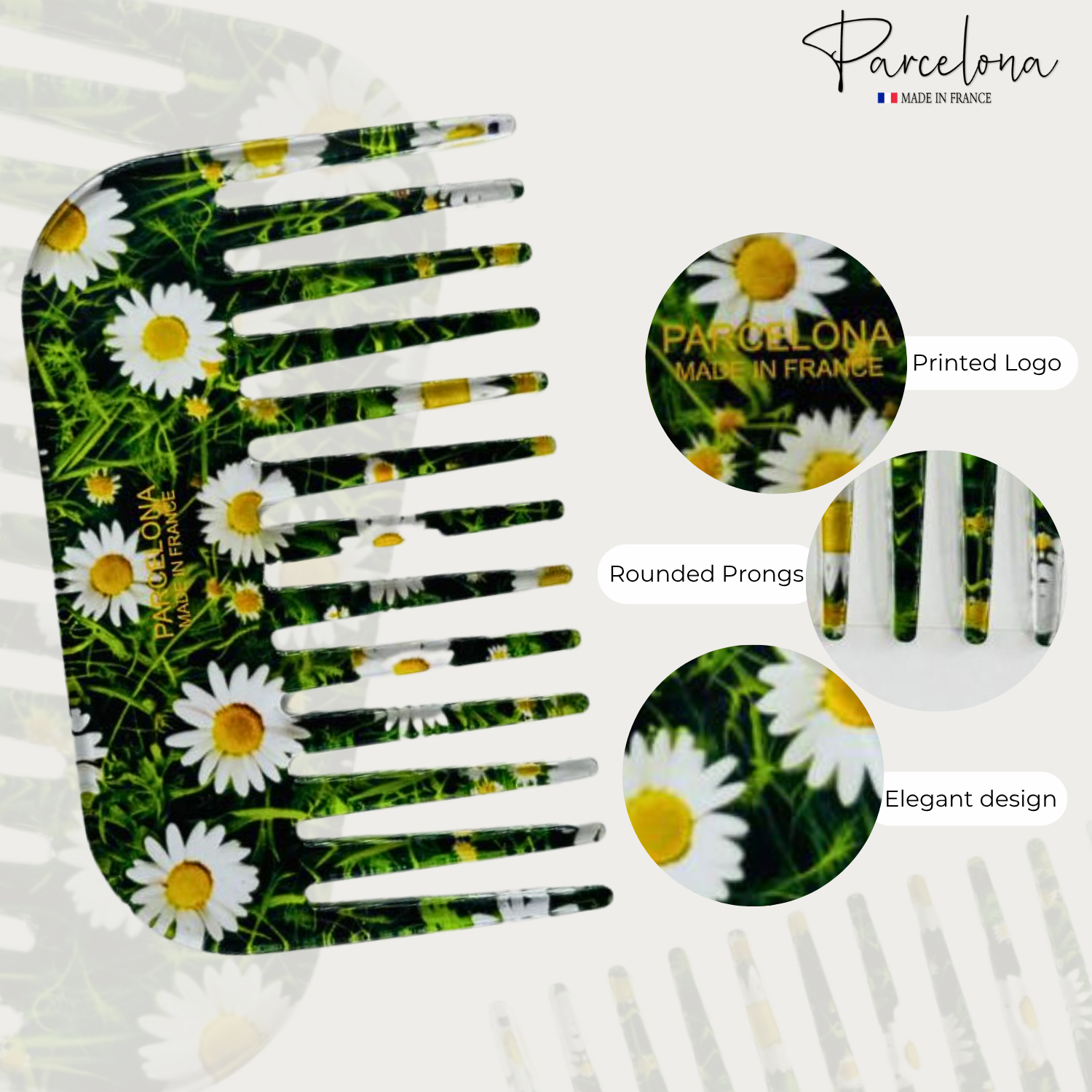 Comb with daisy pattern and 'Parcelona' branding, featuring rounded prongs.