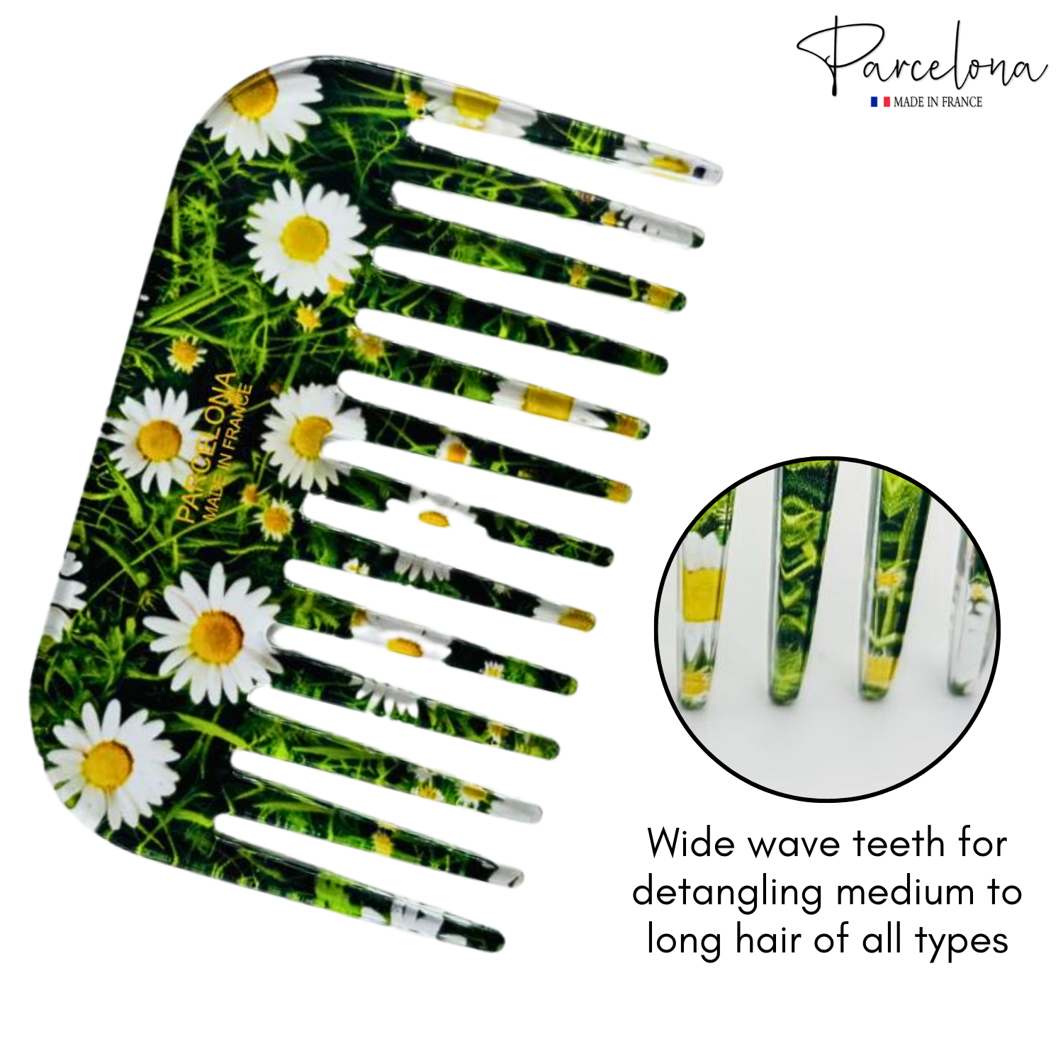 Hair comb with daisy pattern and 'Parcelona' branding on a white background