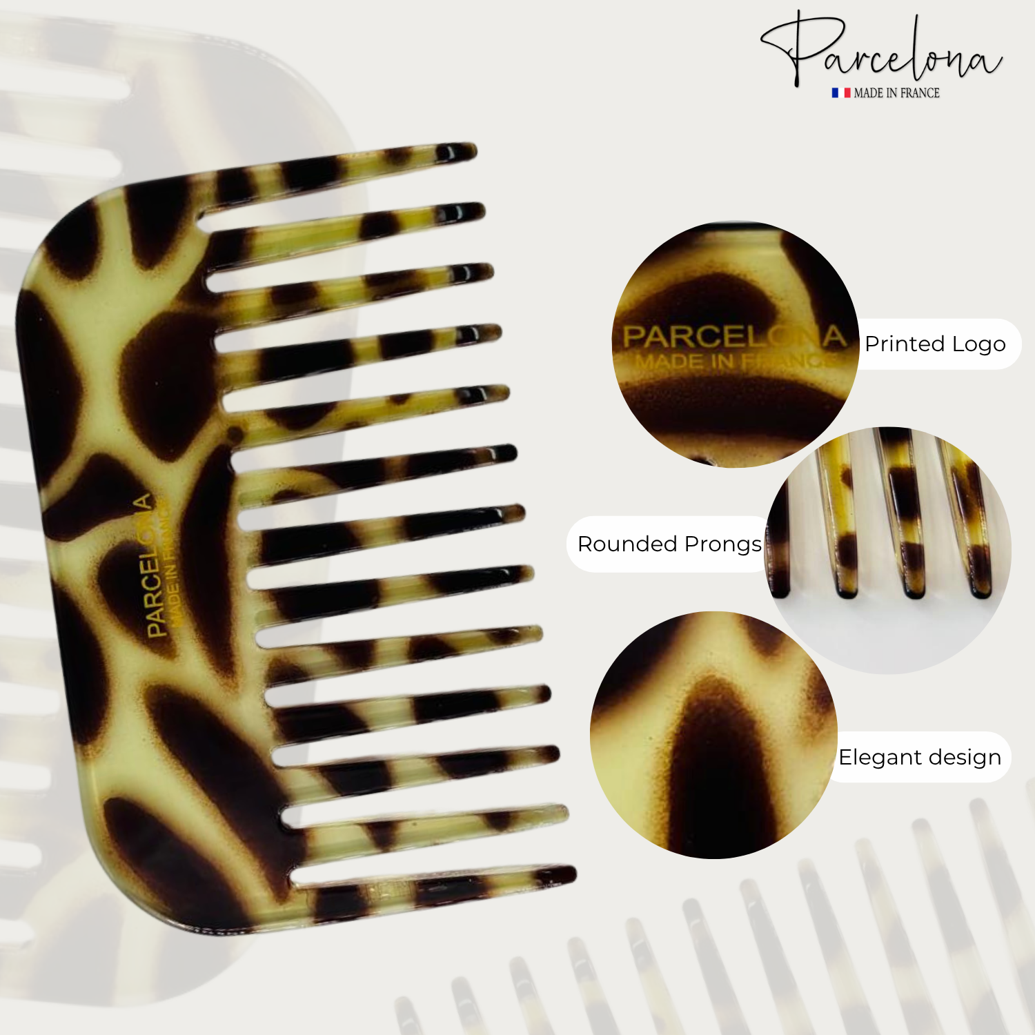 giraffe print comb with 'Parcelona' branding and product details on a white background