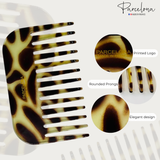 giraffe print comb with 'Parcelona' branding and product details on a white background