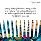 Colorful hair combs with text describing their use on a white background