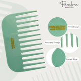 Green comb with rounded prongs and curved edge, featuring Parcelona branding.