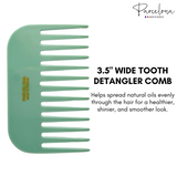 Green wide tooth detangler comb with text on a white background