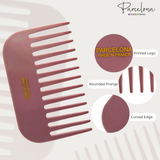 Pink comb with 'Parcelona' branding and product features on a light background