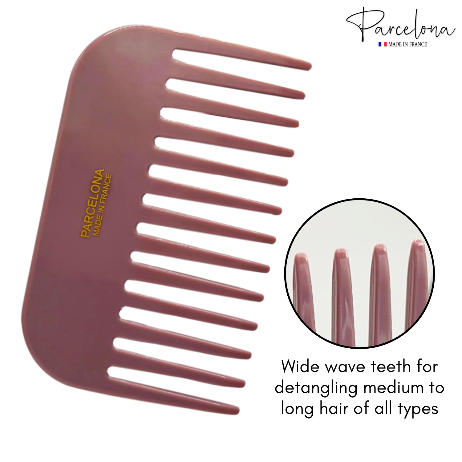 Pink comb with wide wave teeth, branded 'Parcelona', on a white background.