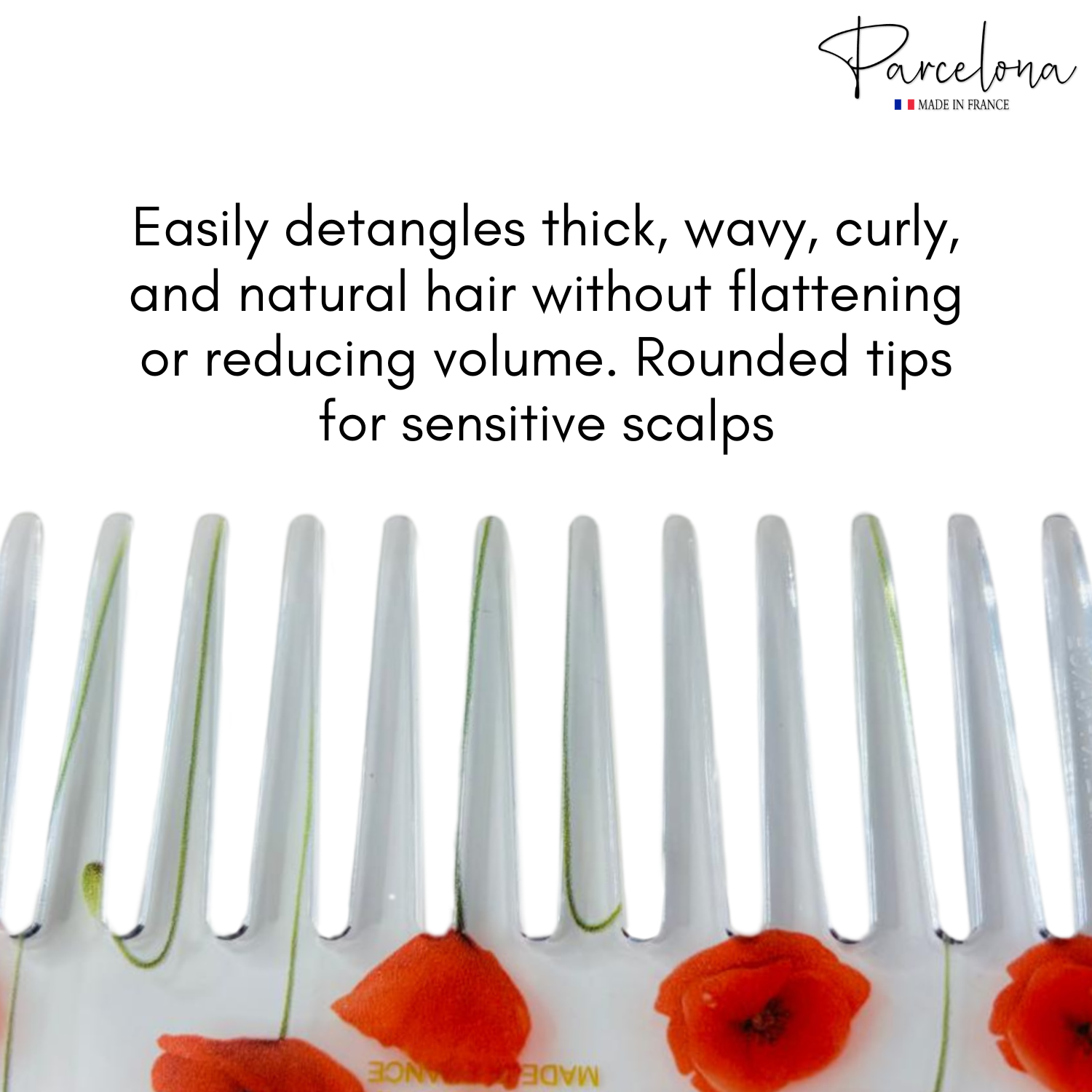 Comb with red flowers on a white background, featuring text about hair care.