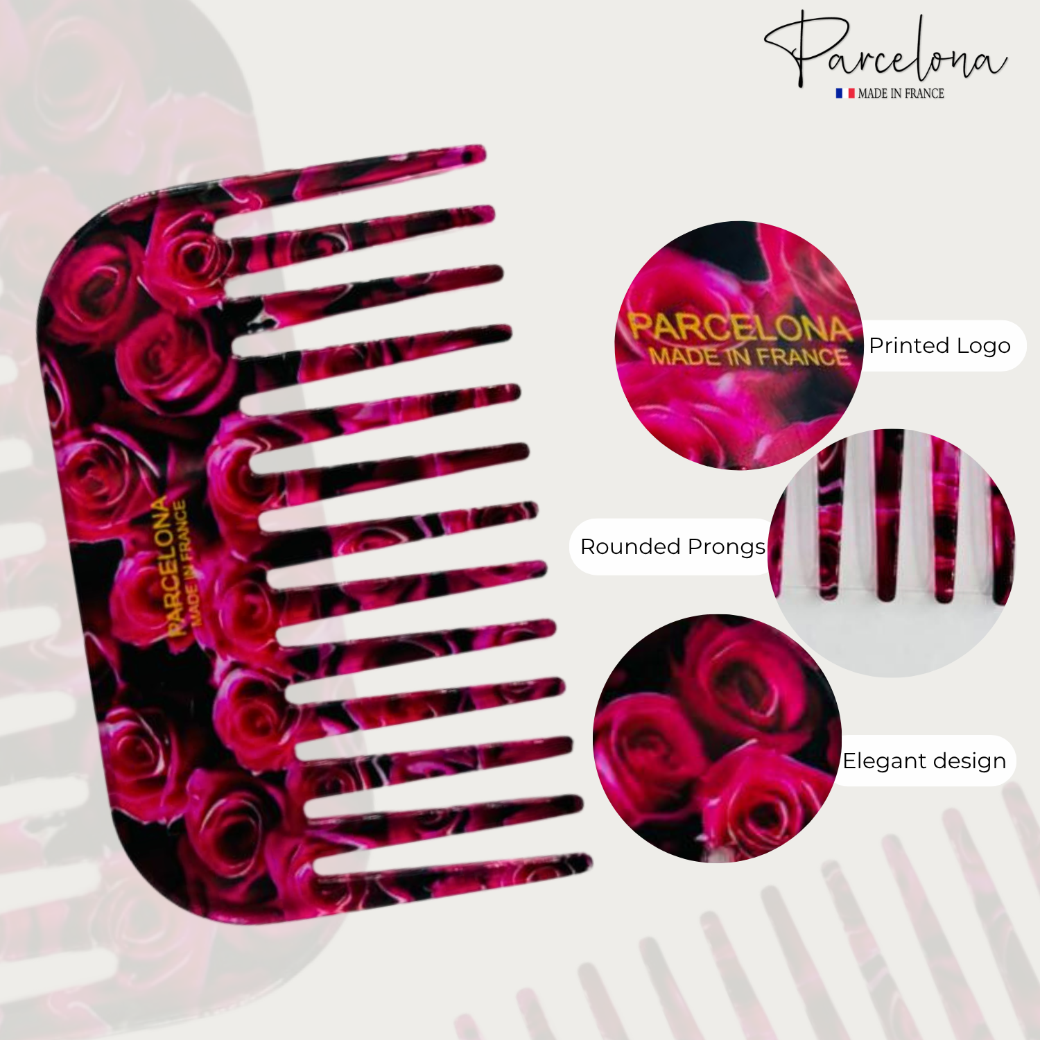 Parcelona comb with pink rose design on a white background