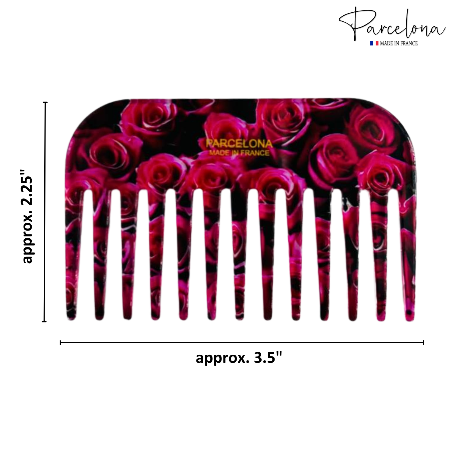 Hair comb with pink rose design and 'Parcelona' branding, shown with dimensions.